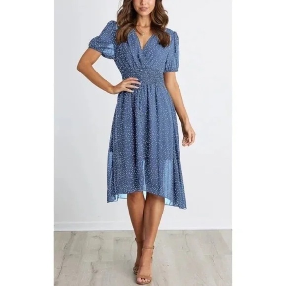 Fashion Blue V Neck Midi Sheer Lined Dress Elastic Waist Boho Chic, Size S - Picture 1 of 11